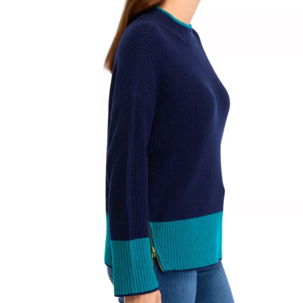 NWT Crown & Ivy Color Block Teal/Navy Knit Sweater w/ Side Gold Zippers S - Picture 3 of 8